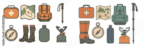 Outdoor adventure gear for hiking and camping, featuring essential supplies and navigation tools