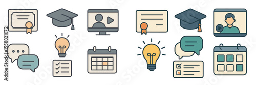 Educational icons representing learning, achievement, and digital resources in a modern setting