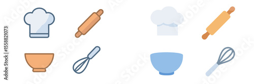 Culinary tools and utensils arranged in a flat design depicting various kitchen activities and baking preparations