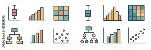 Various data visualization techniques including box plots, bar graphs, and scatter plots displayed in a minimalist style