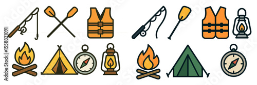 Outdoor camping and fishing gear featuring fishing rods, life vests, tents, and lanterns for adventure enthusiasts