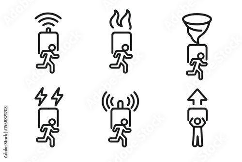 Symbols representing emergency alerts and actions for various situations in a minimalistic design