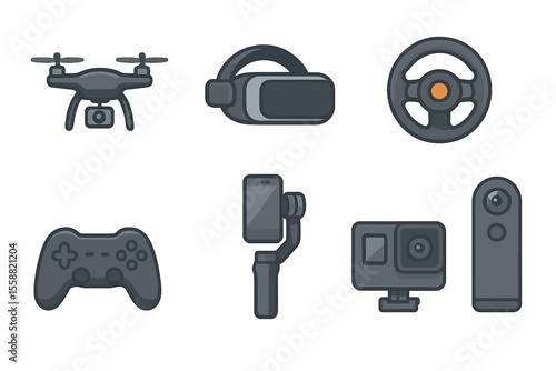 Technology icons representing modern gaming, virtual reality, and drone equipment displayed in a flat design style