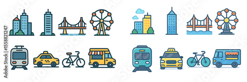 City transportation and skyline elements showcasing urban life with various modes of transit in a lively metropolitan area