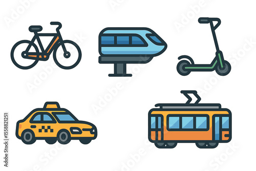 Various modes of transportation including bicycle, tram, taxi, e-scooter, and monorail displayed in a digital graphic