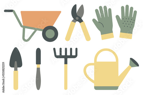 Gardening tools set features wheelbarrow, pruning shears, gloves, and watering can for outdoor activities and planting adventures
