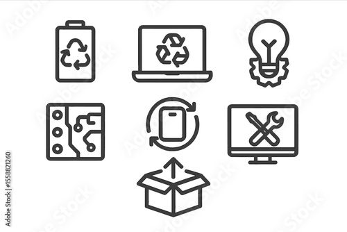 Icons representing recycling and electronics repair concepts for eco-friendly technology practices