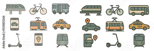 Collection of transport icons featuring various vehicles for urban mobility and travel