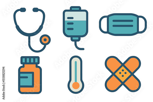 Healthcare tools and symbols representing medical care and patient treatment in a modern design style