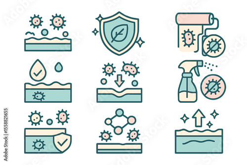 Illustration of germ protection methods with shields, droplet barriers, and disinfectant sprays for effective sanitization