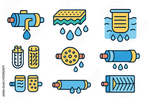 Icons representing various water filtration components and processes for clean water preparation and maintenance