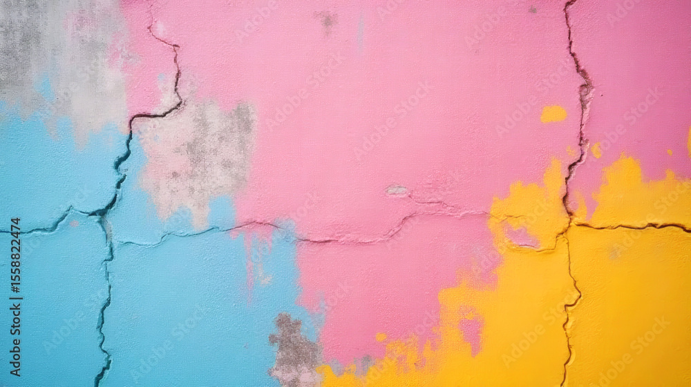 Fototapeta premium Close Up Concrete Wall Painted in Vibrant Pink Light Blue and Yellow with Cracks and Weathered Textures