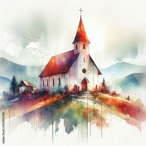 Chapel on Hill Surrounded by Wildflowers. AI generated illustration