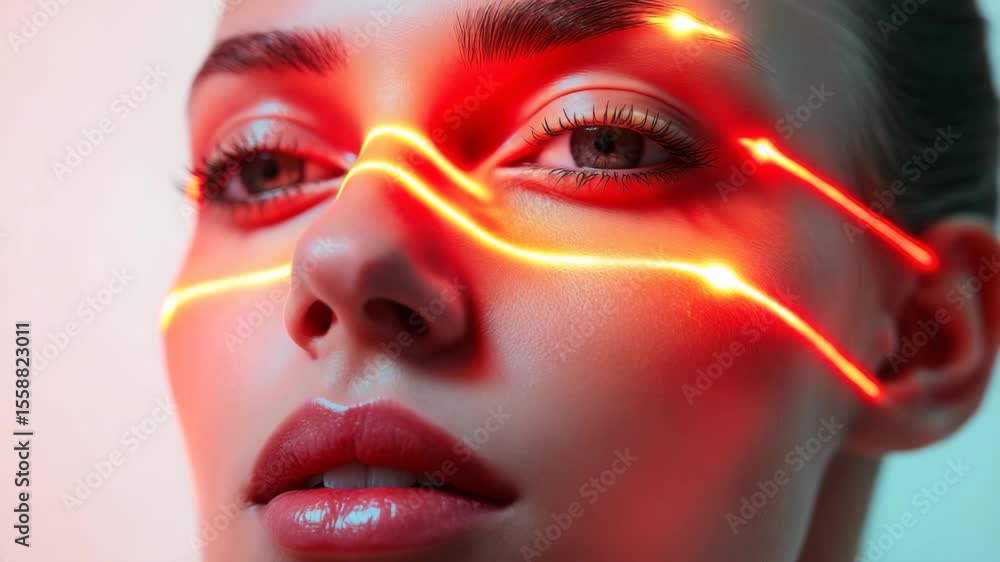 Glowing red light streaks on close up face of woman with smooth skin and glossy lips, futuristic beauty concept highlighting intense gaze and vibrant illumination for stunning skin and lips close up Glowing red light streaks on close up face of woman with smooth skin and glossy lips, futuristic beauty concept highlighting intense gaze and vibrant illumination for stunning skin and lips close up