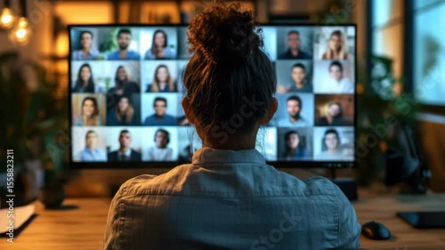 Virtual meeting video conference remote work woman computer screen home office technology communication online meeting business teamwork digital people modern internet connection office desk person