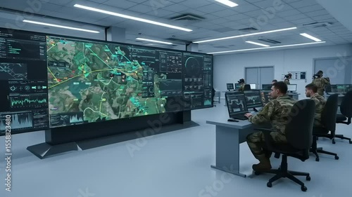 Military personnel analyzing data on large screens in a high-tech operations center with detailed maps