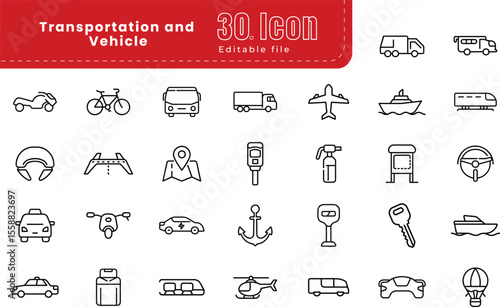 Transportation thin line icons set collection. Editable stroke. Pixel perfect. airplane, bus, mode of transport, car, public transportation, 