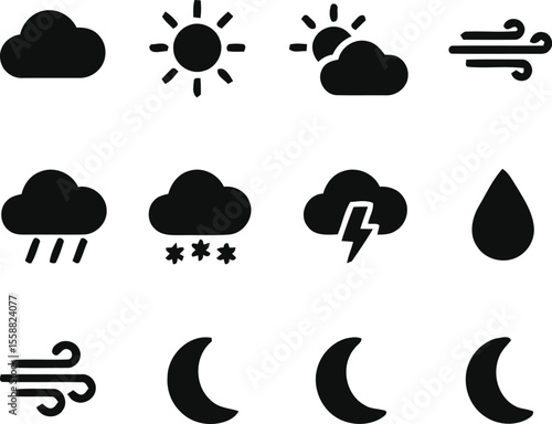 Weather & Sky  Minimal Vector Icons Representing Atmospheric Conditions and Lunar Phases