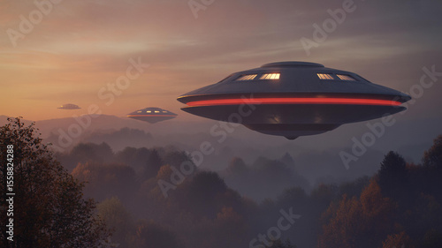 Wallpaper Mural Flying saucers over misty forest at dusk ufos alien spacecraft Torontodigital.ca