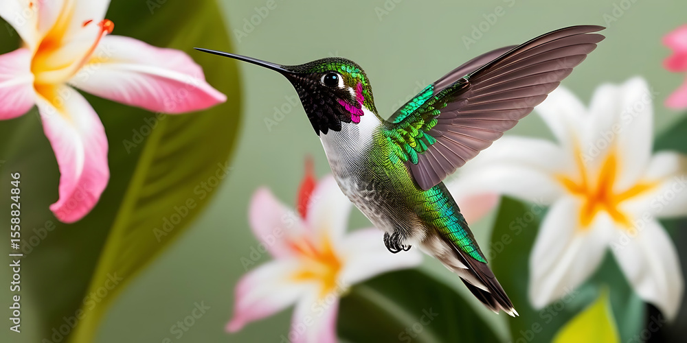 Fototapeta premium Iridescent Hummingbird in Flight with Vibrant Blossoms