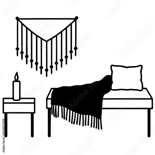 A sunlit bed with layered linen blankets, macramé wall decor, and a small wooden stool holding a candle and a book. Tranquil and empty