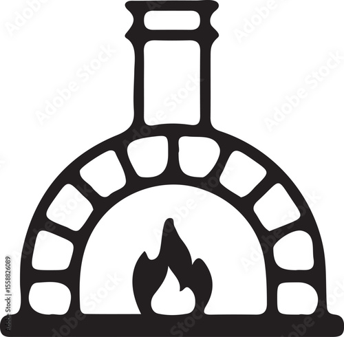 Simple Black and White Illustration of a Stone Pizza Oven with Flames Inside Ready to Cook Pizza Pies