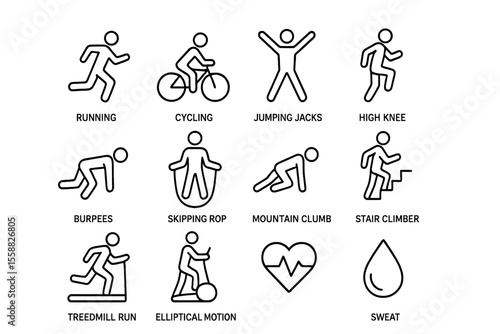 Fitness exercise icons: running, cycling, jumping jacks, high knee, burpees