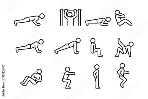Stick figure exercise icons set: various fitness poses and activities