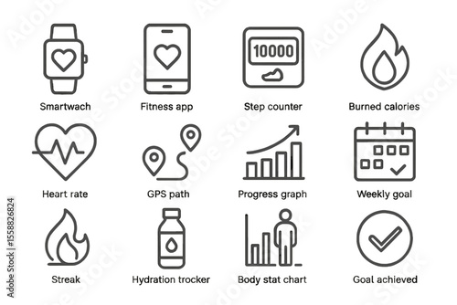 Fitness and health icons including smartwatch, app, step counter, and hydration