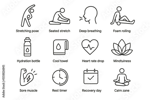 Icons of stretching and wellness tools for mindfulness and recovery