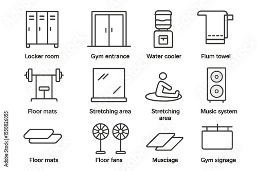 Gym equipment and facilities icons including locker room and stretching area