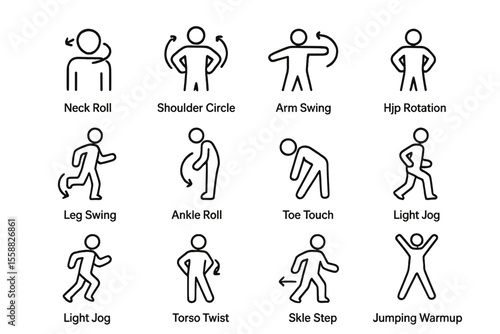 Exercise warmup routine with illustrated movements for fitness