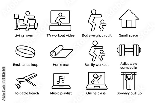 Home fitness icons – workout setup with dumbbells and online classes