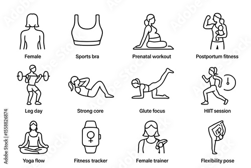 Female fitness icons: workout, yoga, postpartum, strength, wellness