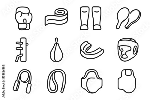 Boxing equipment icons set on dark background