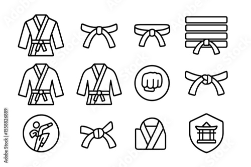 Martial arts icons featuring belts, kimonos, and symbols on grey background