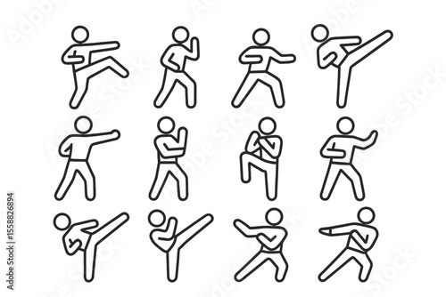 Stick figures practicing martial arts poses on dark background