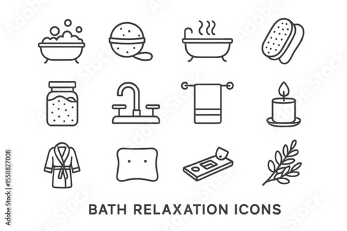 Bath relaxation icons: spa, candle, towel, faucet, soap, robe, bath, herbs