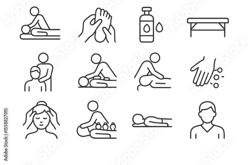 Massage therapy icons collection featuring various techniques and tools