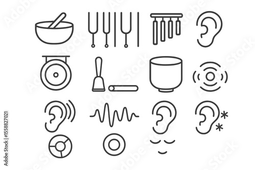 Minimalist musical instrument icons with ears and sound waves in gray tones