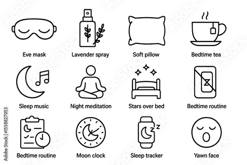 Sleep essentials icons: mask, meditation, pillow, tea, music, lavender, tracker