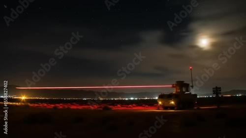 Military vehicle operating at night under a bright moon, with red laser targeting in the desert