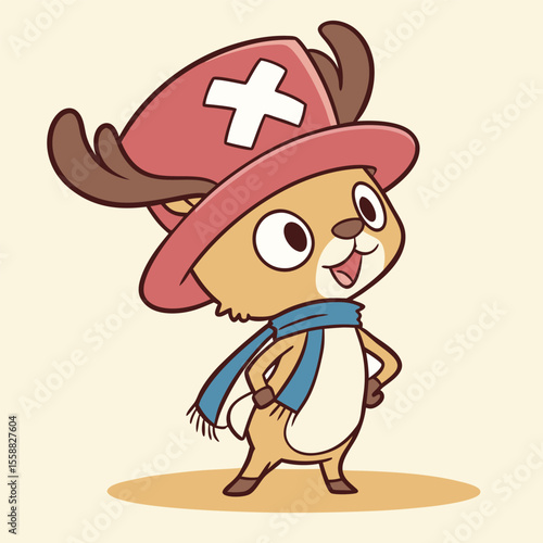 Vector art of a cute cartoon reindeer character with a hat and scarf
