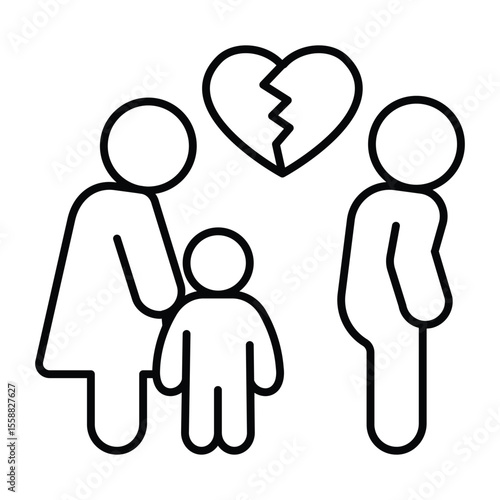 Cheating man with broken heart, woman and child thin line icon, family lawyer concept. Vector graphics. Marriage problem sign on white background, style mobile or design.