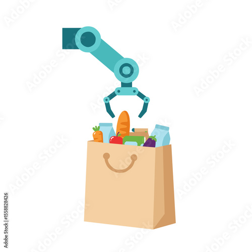 Robotic arm packing groceries into an isolated shopping bag