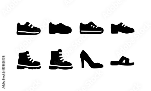 Black silhouette icons of various shoe styles including sneakers, boots, heels, and sandals