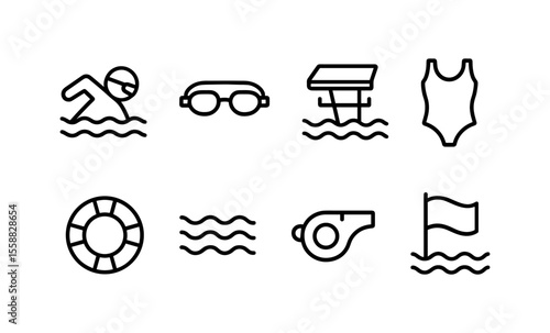 Essential swimming icons: goggles, swimsuit, and lifebuoy in minimalist design