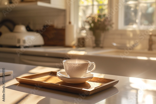 Wallpaper Mural Vintage teacup with chipped edge on wooden tray in warm kitchen light Torontodigital.ca