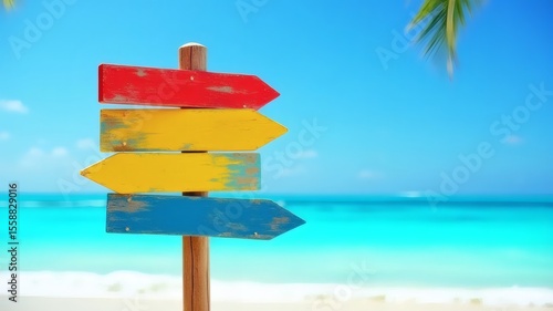 Colorful Wooden Signposts on Tropical Beach Scene