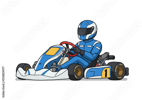 A cartoonstyle kart racer wearing a blue suit and helmet sits in a light blue and white gokart with the number one on the side